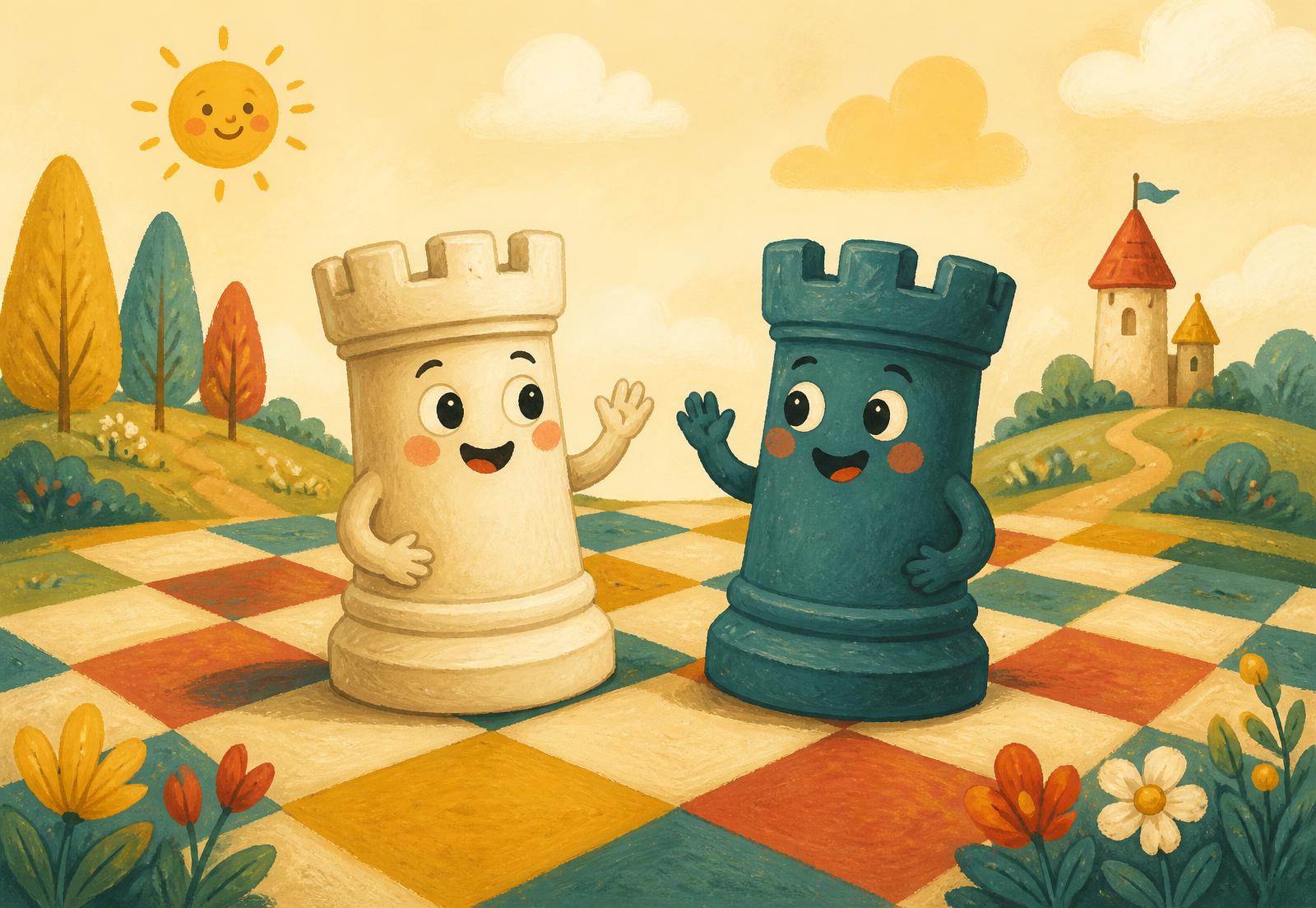 Two smiling cartoon chess castles waving at each other on a checkered meadow