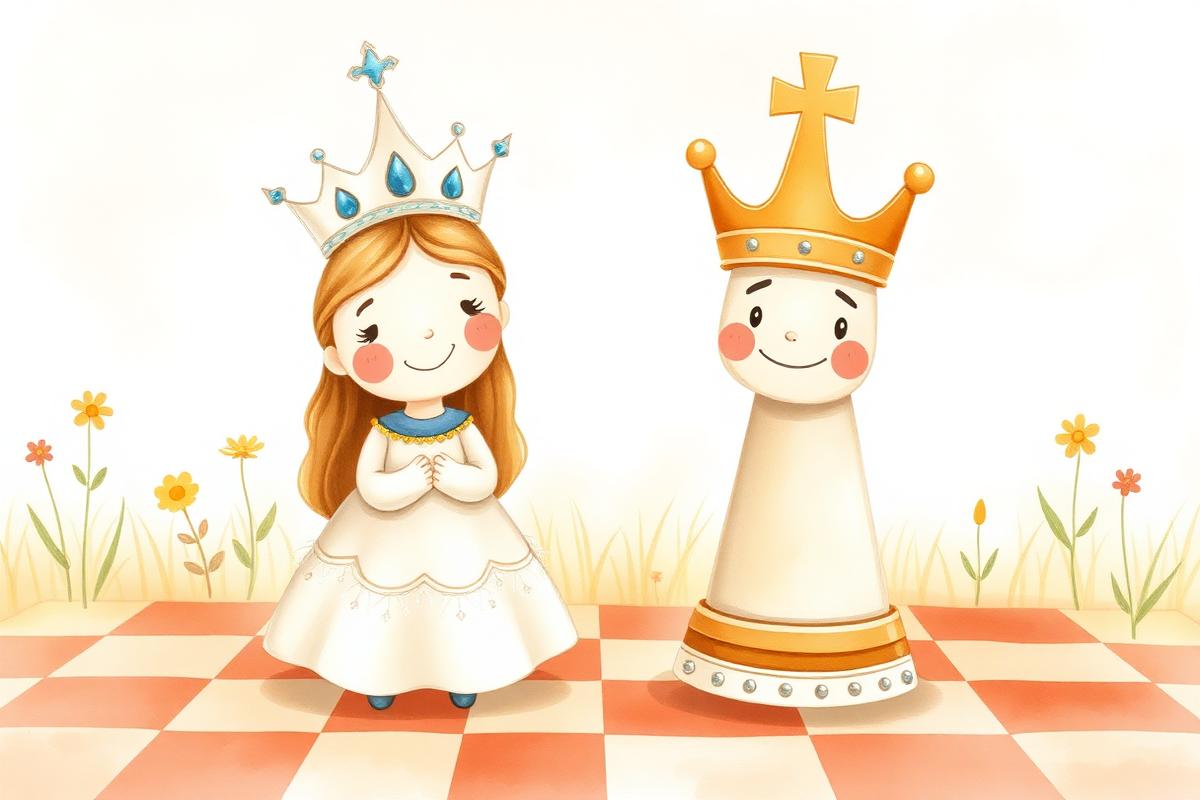 Illustrated chess queen and king standing side by side in the middle of the board